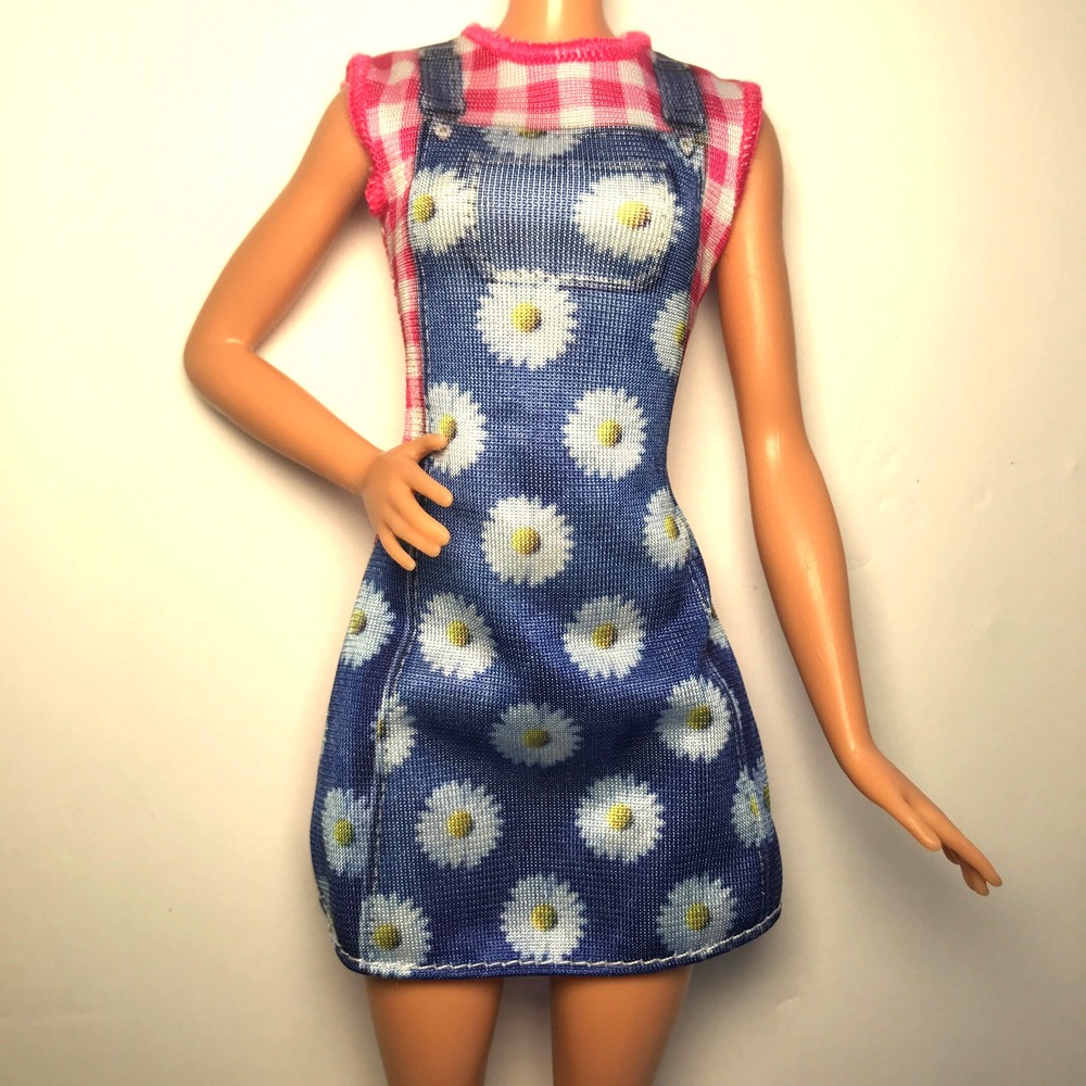Barbie Doll Clothing Farmers Market Set Blue Daisy Pink Gingham Printed Dress